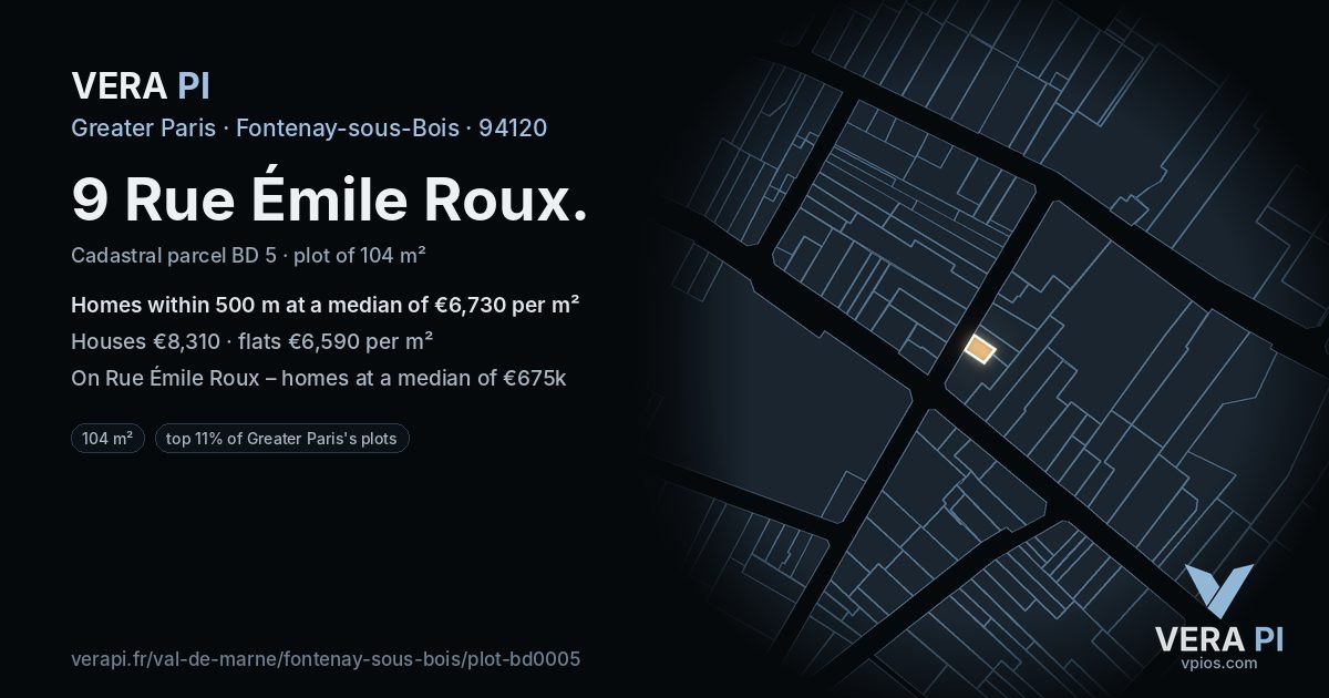 9 Rue Émile Roux, Fontenay-sous-Bois at night – the plot lit, the parcels around coloured by the prices near them