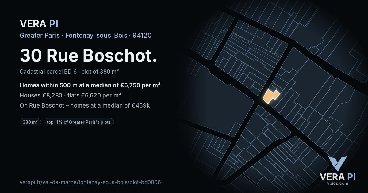 30 Rue Boschot, Fontenay-sous-Bois at night – the plot lit, the parcels around coloured by the prices near them