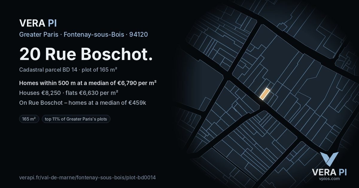 20 Rue Boschot, Fontenay-sous-Bois at night – the plot lit, the parcels around coloured by the prices near them