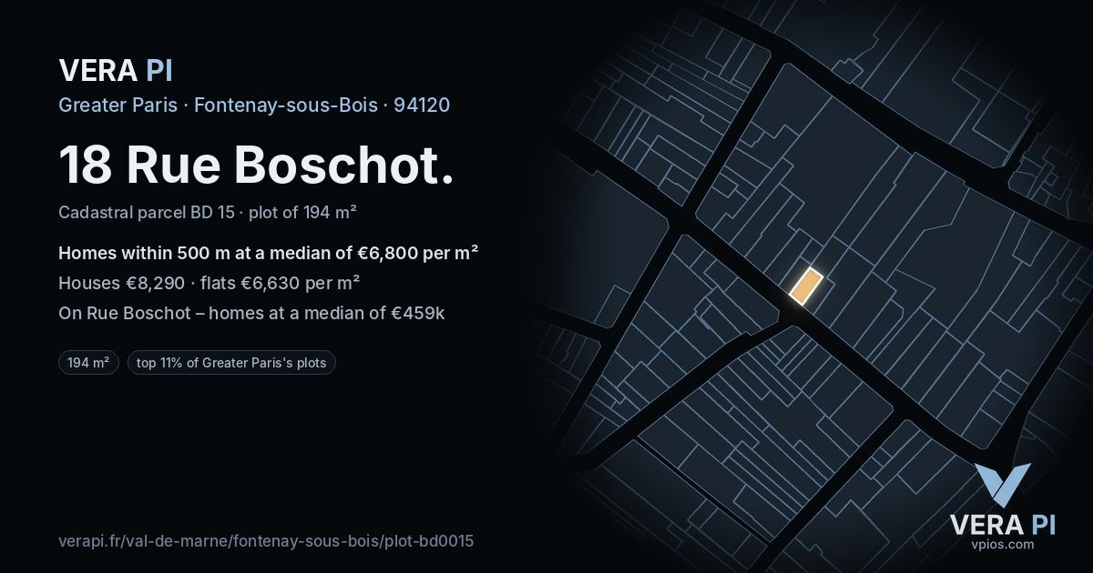 18 Rue Boschot, Fontenay-sous-Bois at night – the plot lit, the parcels around coloured by the prices near them