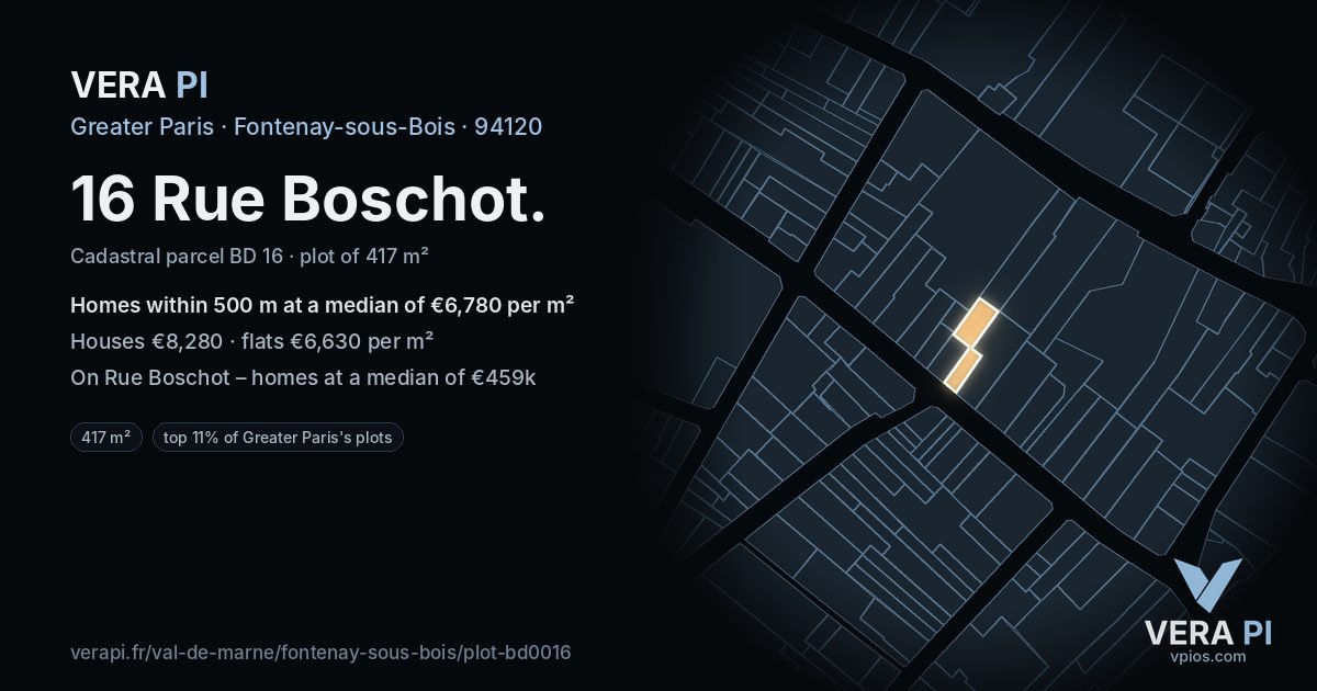 16 Rue Boschot, Fontenay-sous-Bois at night – the plot lit, the parcels around coloured by the prices near them