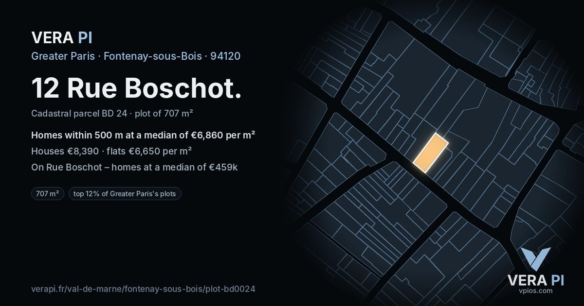 12 Rue Boschot, Fontenay-sous-Bois at night – the plot lit, the parcels around coloured by the prices near them