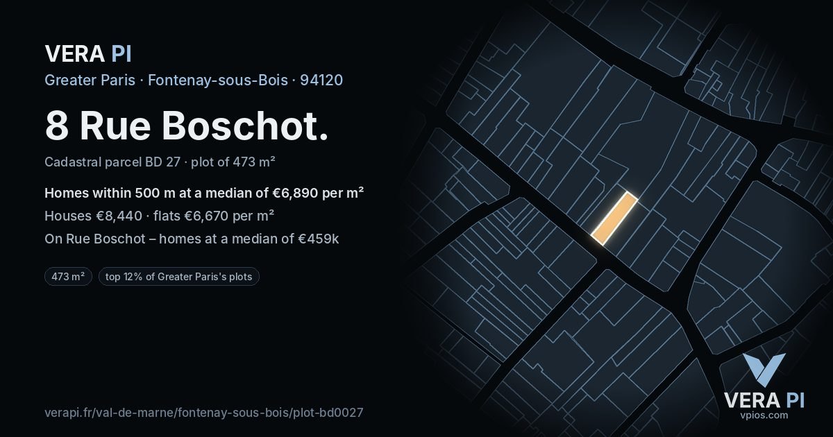 8 Rue Boschot, Fontenay-sous-Bois at night – the plot lit, the parcels around coloured by the prices near them