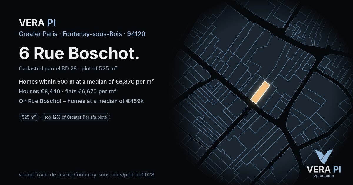 6 Rue Boschot, Fontenay-sous-Bois at night – the plot lit, the parcels around coloured by the prices near them