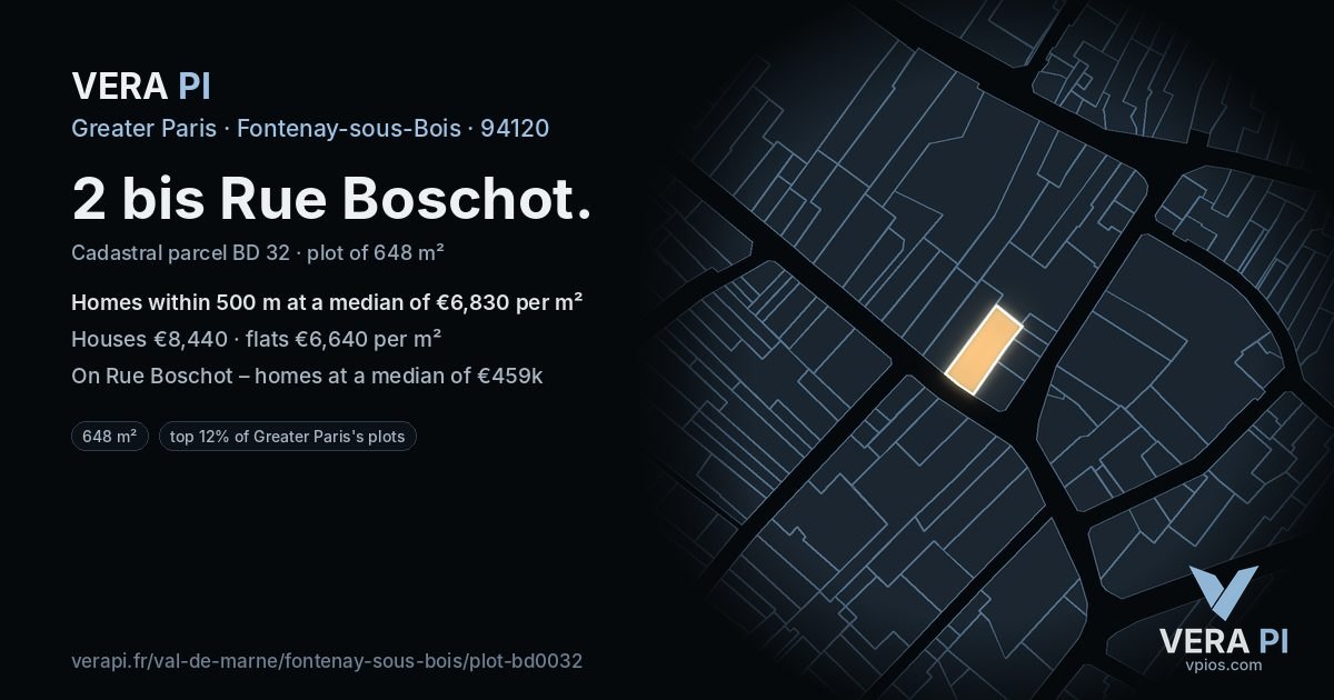 2 bis Rue Boschot, Fontenay-sous-Bois at night – the plot lit, the parcels around coloured by the prices near them