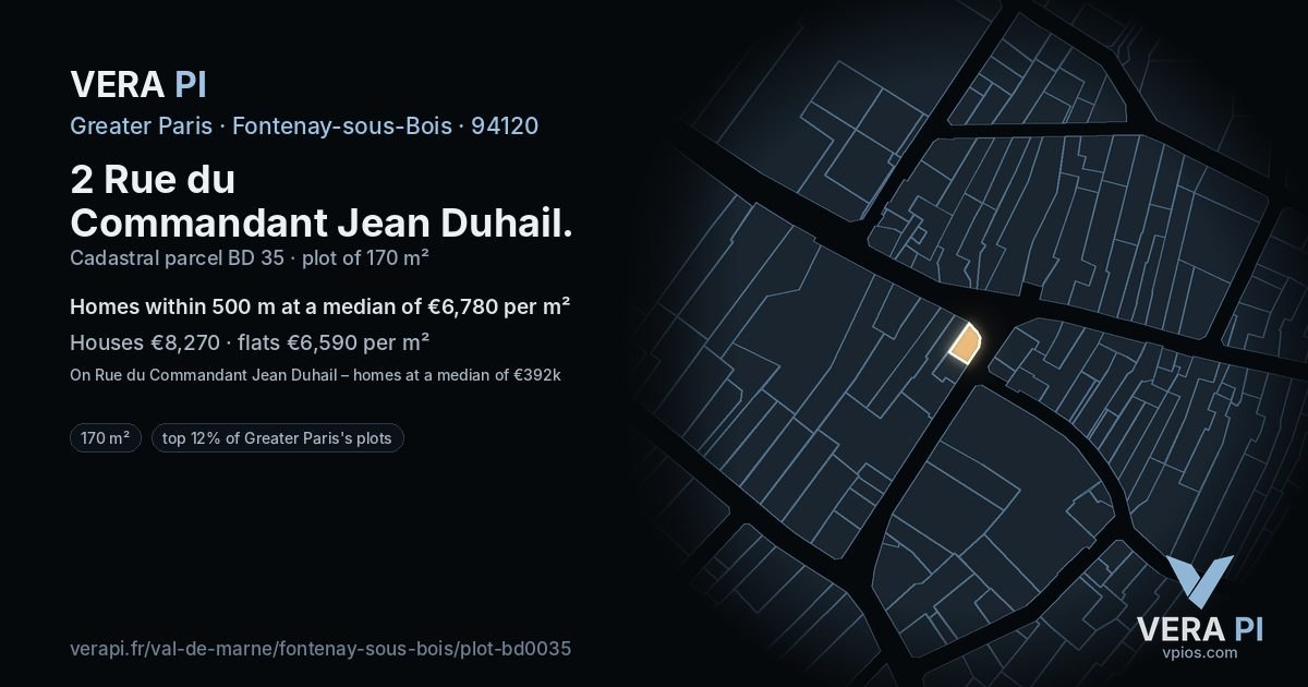 2 Rue du Commandant Jean Duhail, Fontenay-sous-Bois at night – the plot lit, the parcels around coloured by the prices near them
