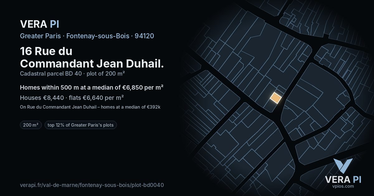 16 Rue du Commandant Jean Duhail, Fontenay-sous-Bois at night – the plot lit, the parcels around coloured by the prices near them