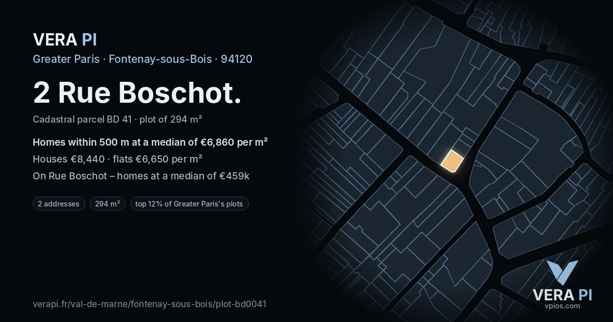 2 Rue Boschot, Fontenay-sous-Bois at night – the plot lit, the parcels around coloured by the prices near them