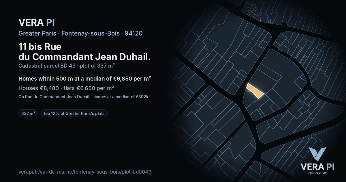 11 bis Rue du Commandant Jean Duhail, Fontenay-sous-Bois at night – the plot lit, the parcels around coloured by the prices near them