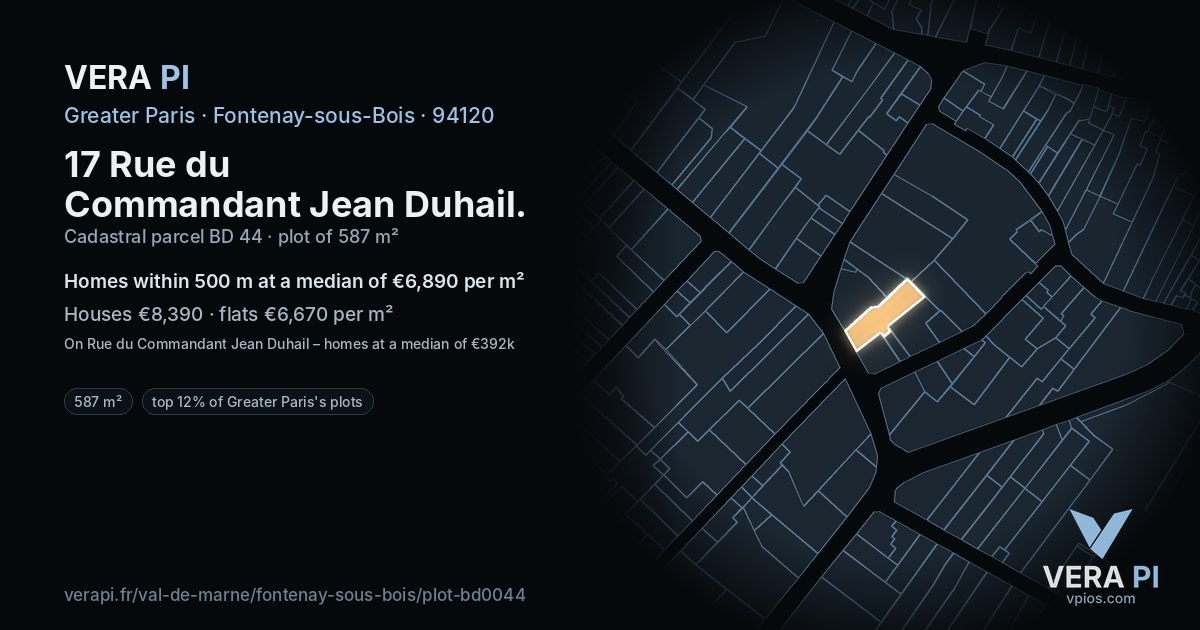 17 Rue du Commandant Jean Duhail, Fontenay-sous-Bois at night – the plot lit, the parcels around coloured by the prices near them