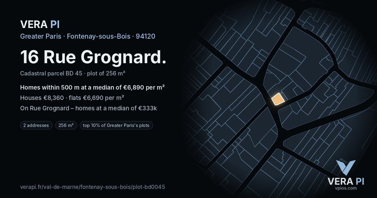 16 Rue Grognard, Fontenay-sous-Bois at night – the plot lit, the parcels around coloured by the prices near them