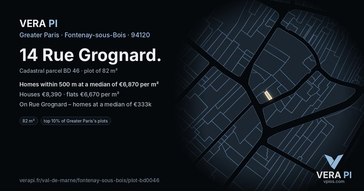 14 Rue Grognard, Fontenay-sous-Bois at night – the plot lit, the parcels around coloured by the prices near them