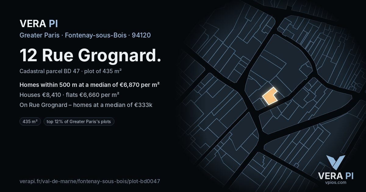 12 Rue Grognard, Fontenay-sous-Bois at night – the plot lit, the parcels around coloured by the prices near them