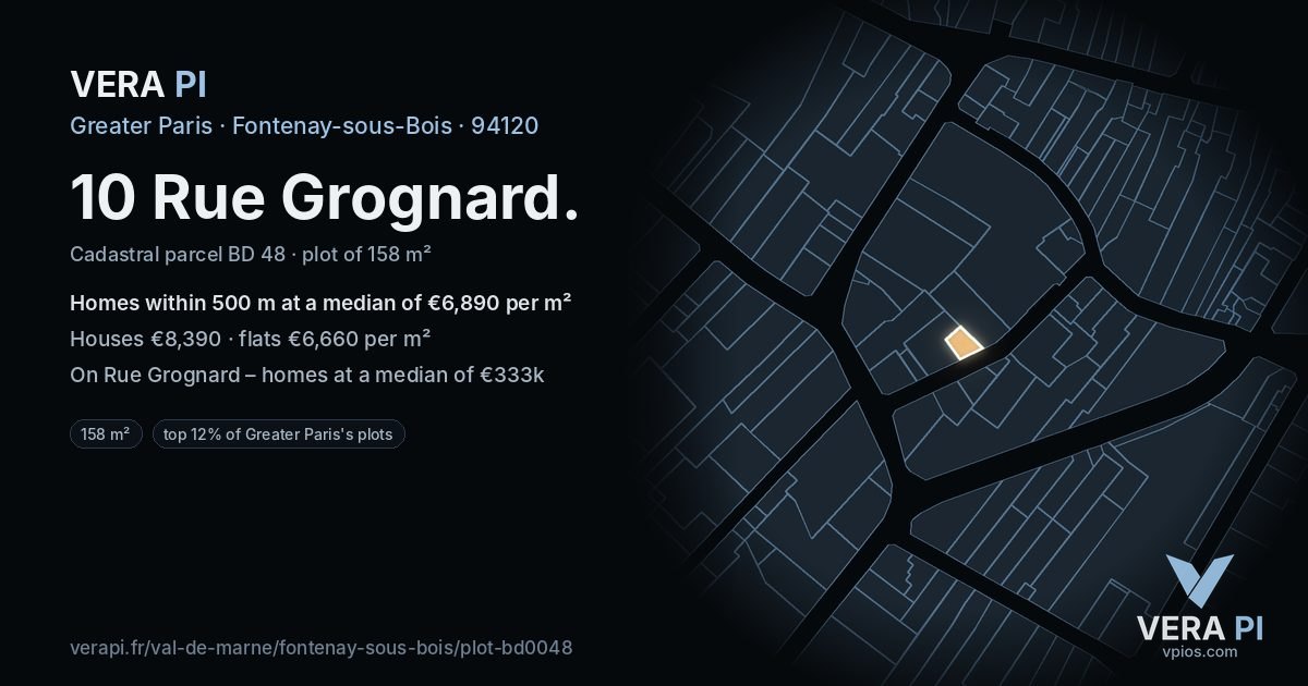 10 Rue Grognard, Fontenay-sous-Bois at night – the plot lit, the parcels around coloured by the prices near them