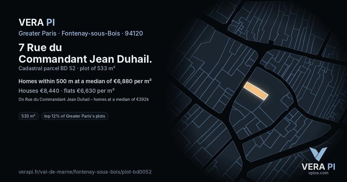 7 Rue du Commandant Jean Duhail, Fontenay-sous-Bois at night – the plot lit, the parcels around coloured by the prices near them