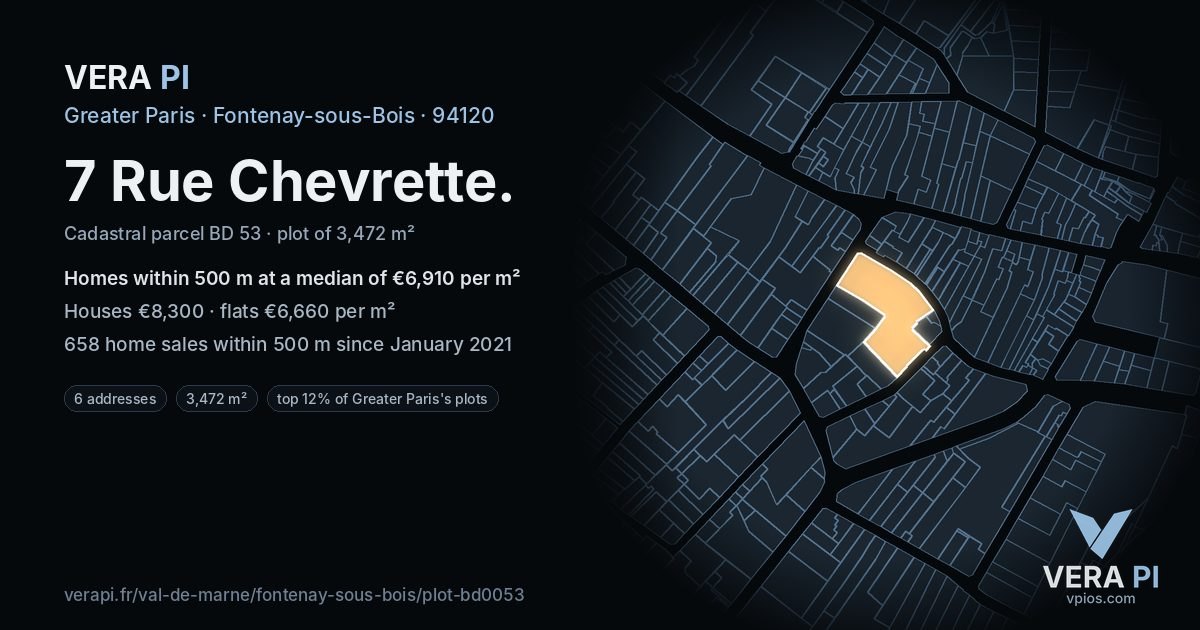 7 Rue Chevrette, Fontenay-sous-Bois at night – the plot lit, the parcels around coloured by the prices near them