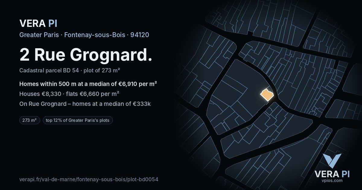 2 Rue Grognard, Fontenay-sous-Bois at night – the plot lit, the parcels around coloured by the prices near them