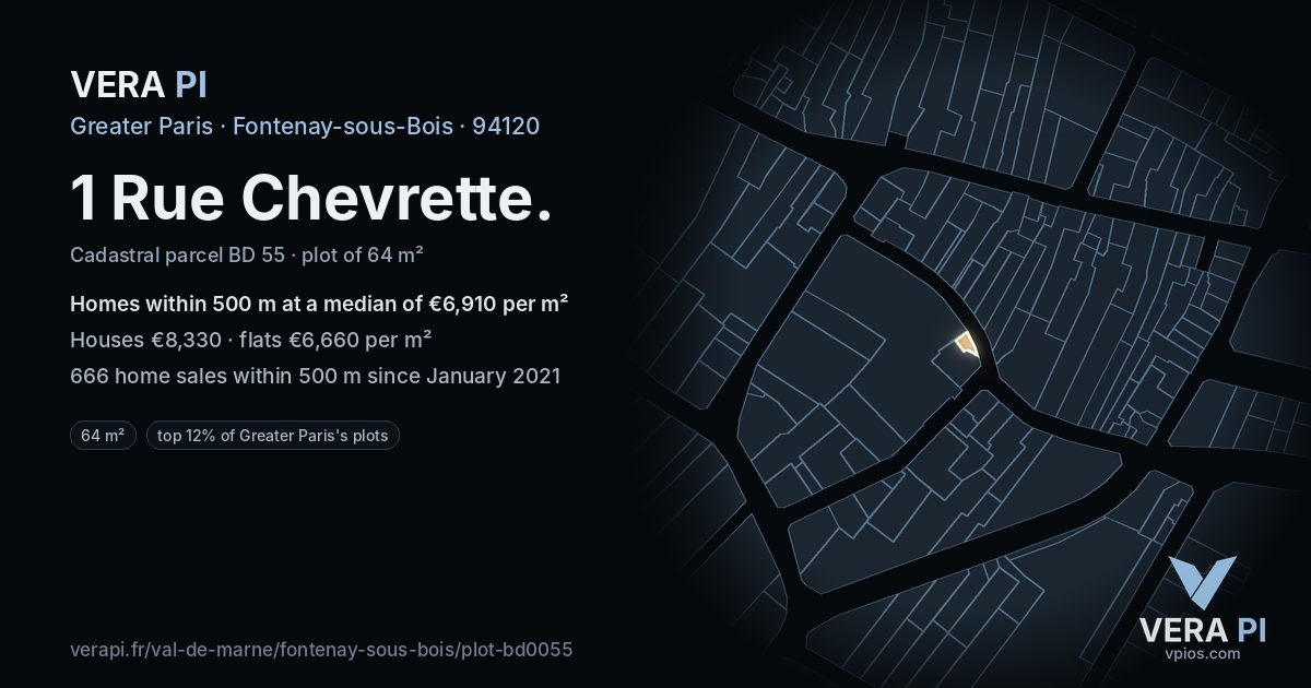 1 Rue Chevrette, Fontenay-sous-Bois at night – the plot lit, the parcels around coloured by the prices near them
