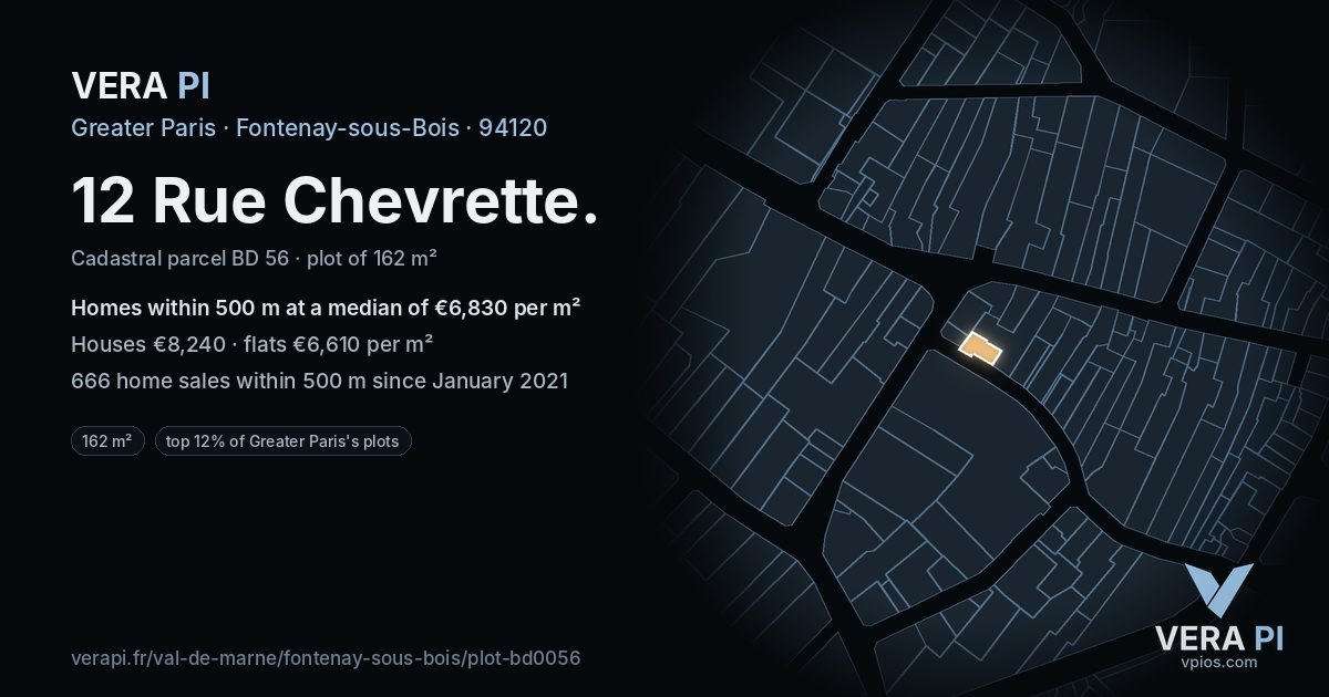 12 Rue Chevrette, Fontenay-sous-Bois at night – the plot lit, the parcels around coloured by the prices near them