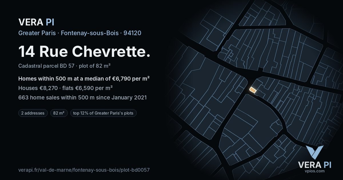 14 Rue Chevrette, Fontenay-sous-Bois at night – the plot lit, the parcels around coloured by the prices near them