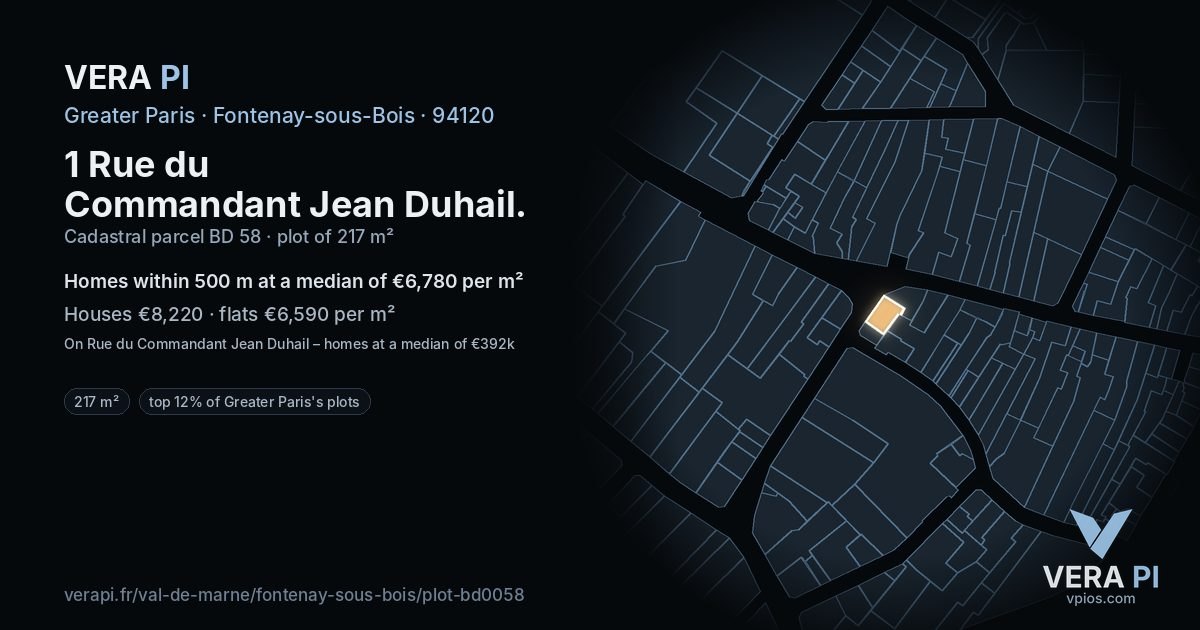 1 Rue du Commandant Jean Duhail, Fontenay-sous-Bois at night – the plot lit, the parcels around coloured by the prices near them