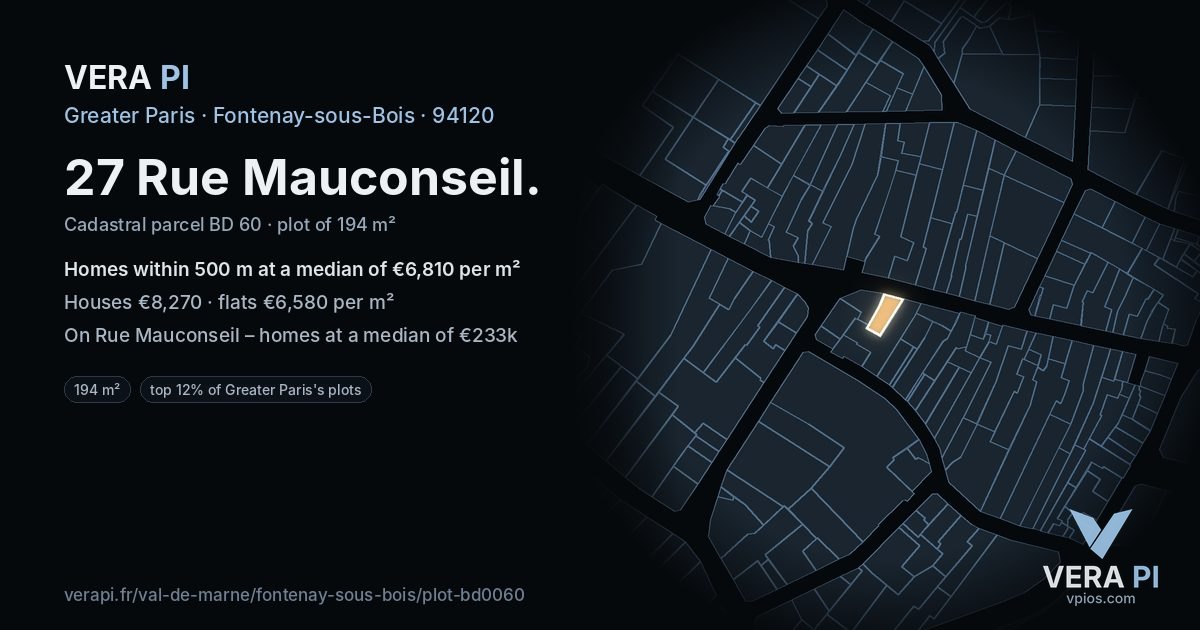 27 Rue Mauconseil, Fontenay-sous-Bois at night – the plot lit, the parcels around coloured by the prices near them