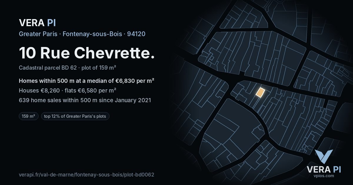 10 Rue Chevrette, Fontenay-sous-Bois at night – the plot lit, the parcels around coloured by the prices near them