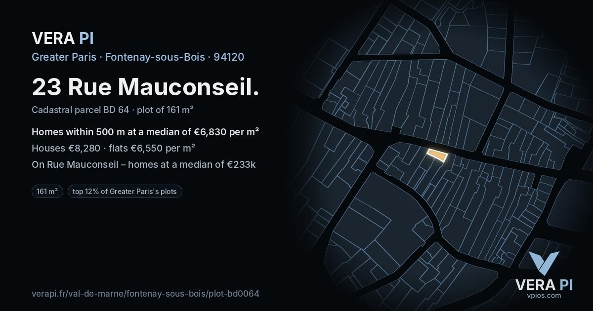 23 Rue Mauconseil, Fontenay-sous-Bois at night – the plot lit, the parcels around coloured by the prices near them