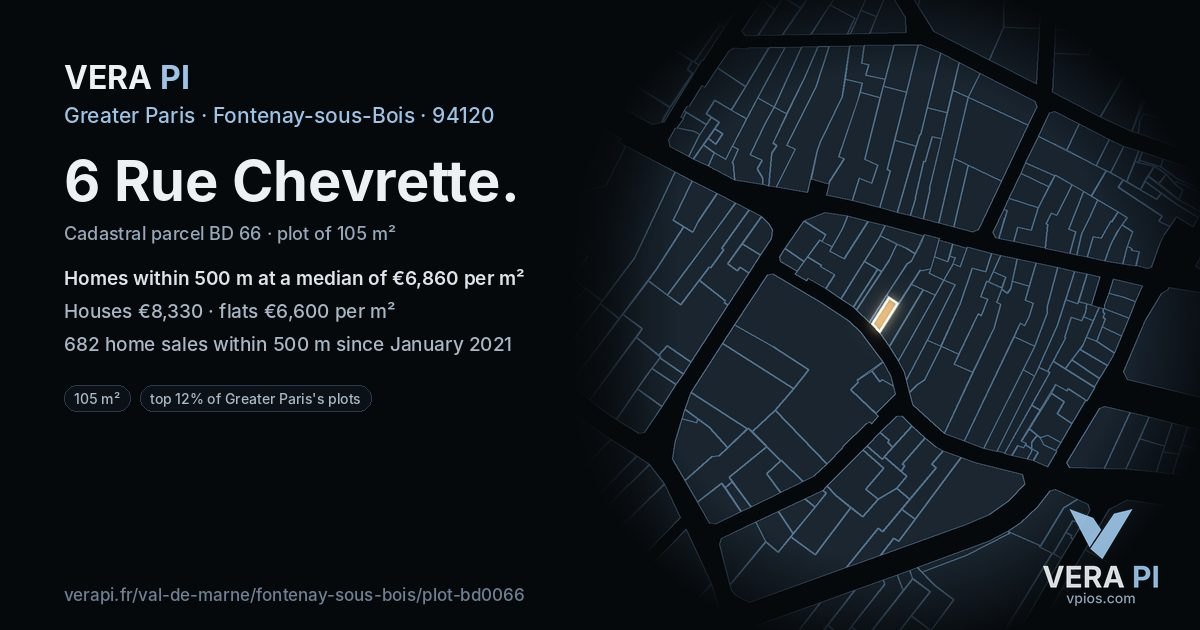 6 Rue Chevrette, Fontenay-sous-Bois at night – the plot lit, the parcels around coloured by the prices near them