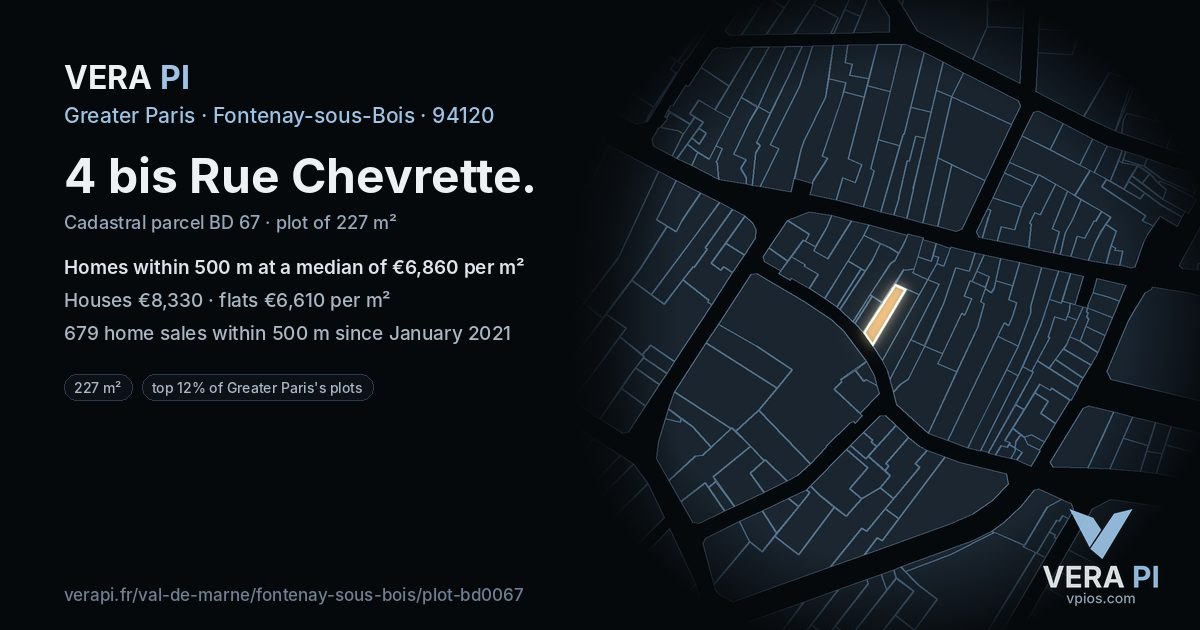 4 bis Rue Chevrette, Fontenay-sous-Bois at night – the plot lit, the parcels around coloured by the prices near them