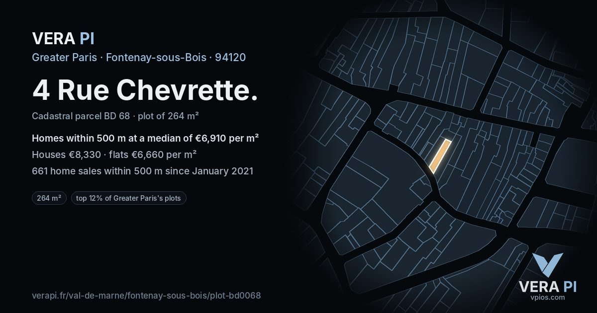 4 Rue Chevrette, Fontenay-sous-Bois at night – the plot lit, the parcels around coloured by the prices near them