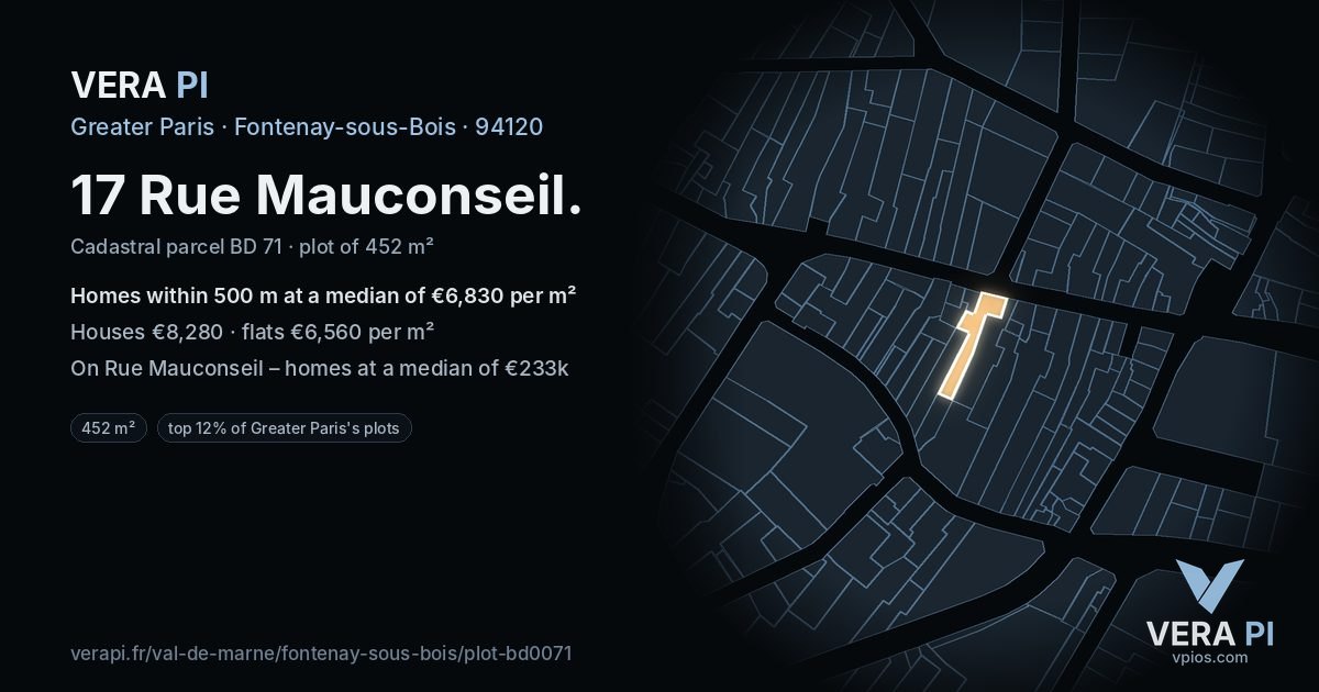 17 Rue Mauconseil, Fontenay-sous-Bois at night – the plot lit, the parcels around coloured by the prices near them