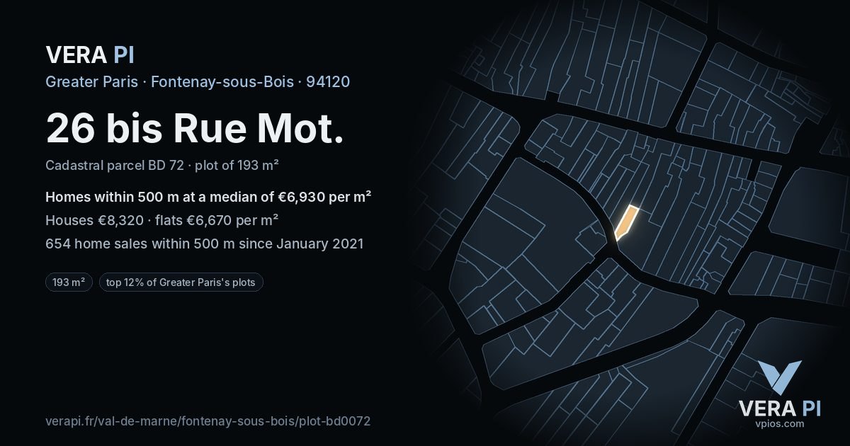 26 bis Rue Mot, Fontenay-sous-Bois at night – the plot lit, the parcels around coloured by the prices near them