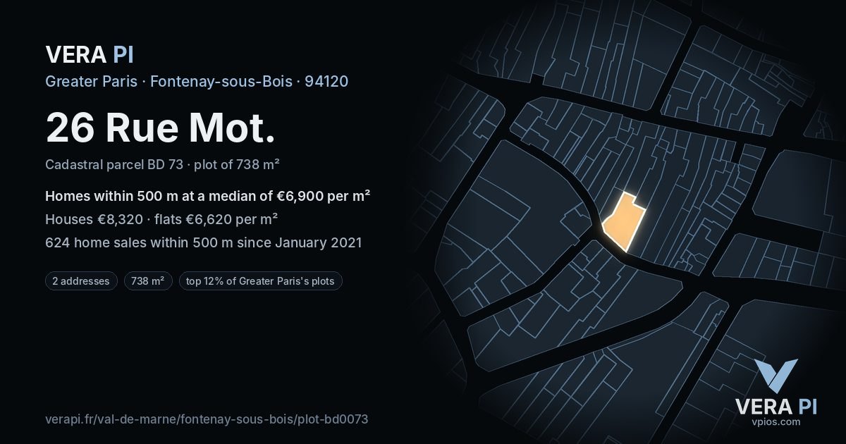26 Rue Mot, Fontenay-sous-Bois at night – the plot lit, the parcels around coloured by the prices near them