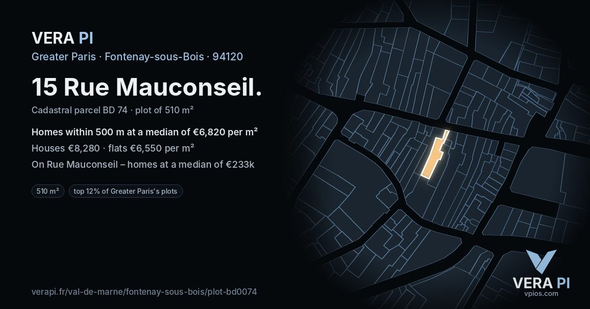 15 Rue Mauconseil, Fontenay-sous-Bois at night – the plot lit, the parcels around coloured by the prices near them