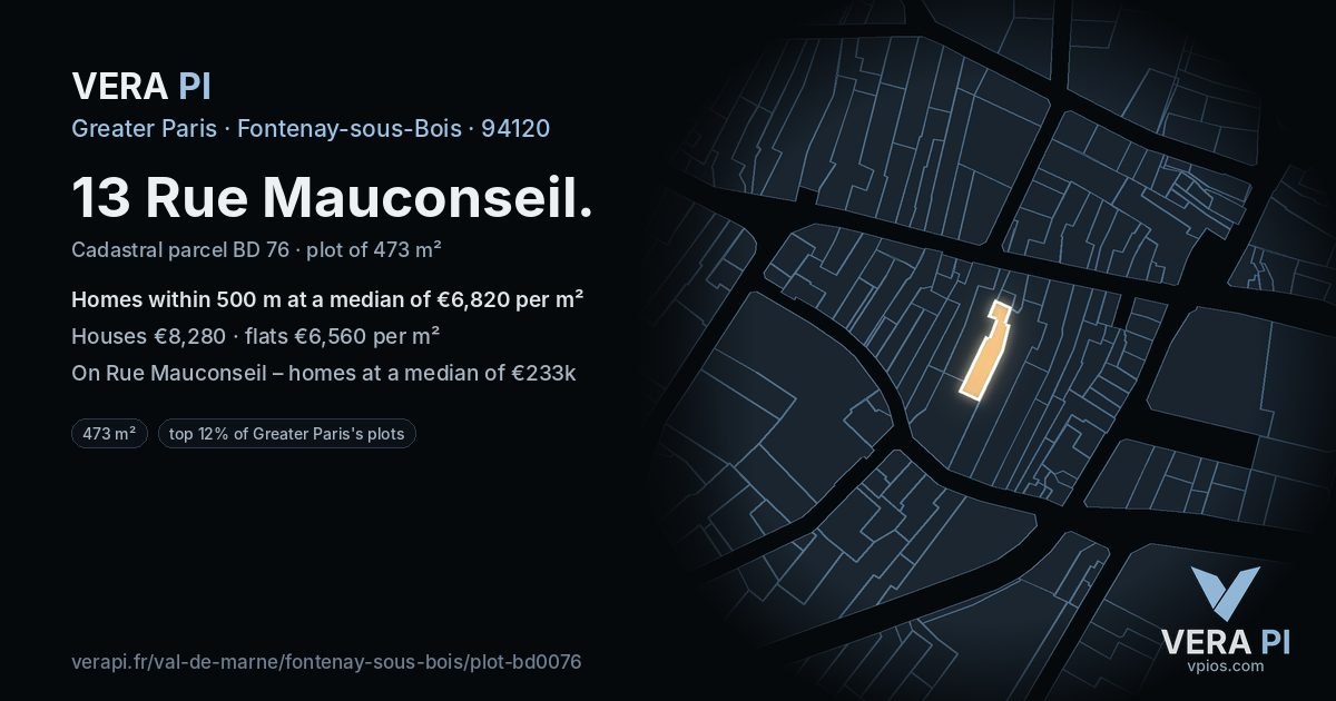 13 Rue Mauconseil, Fontenay-sous-Bois at night – the plot lit, the parcels around coloured by the prices near them