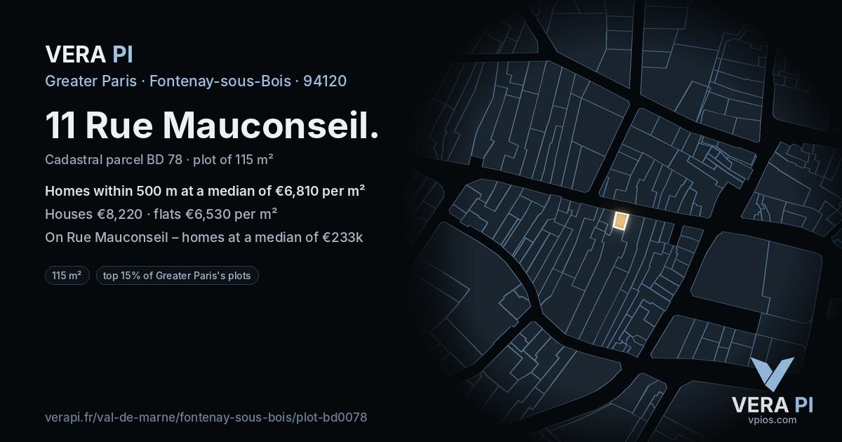 11 Rue Mauconseil, Fontenay-sous-Bois at night – the plot lit, the parcels around coloured by the prices near them