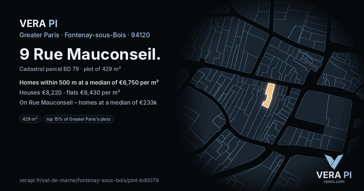 9 Rue Mauconseil, Fontenay-sous-Bois at night – the plot lit, the parcels around coloured by the prices near them
