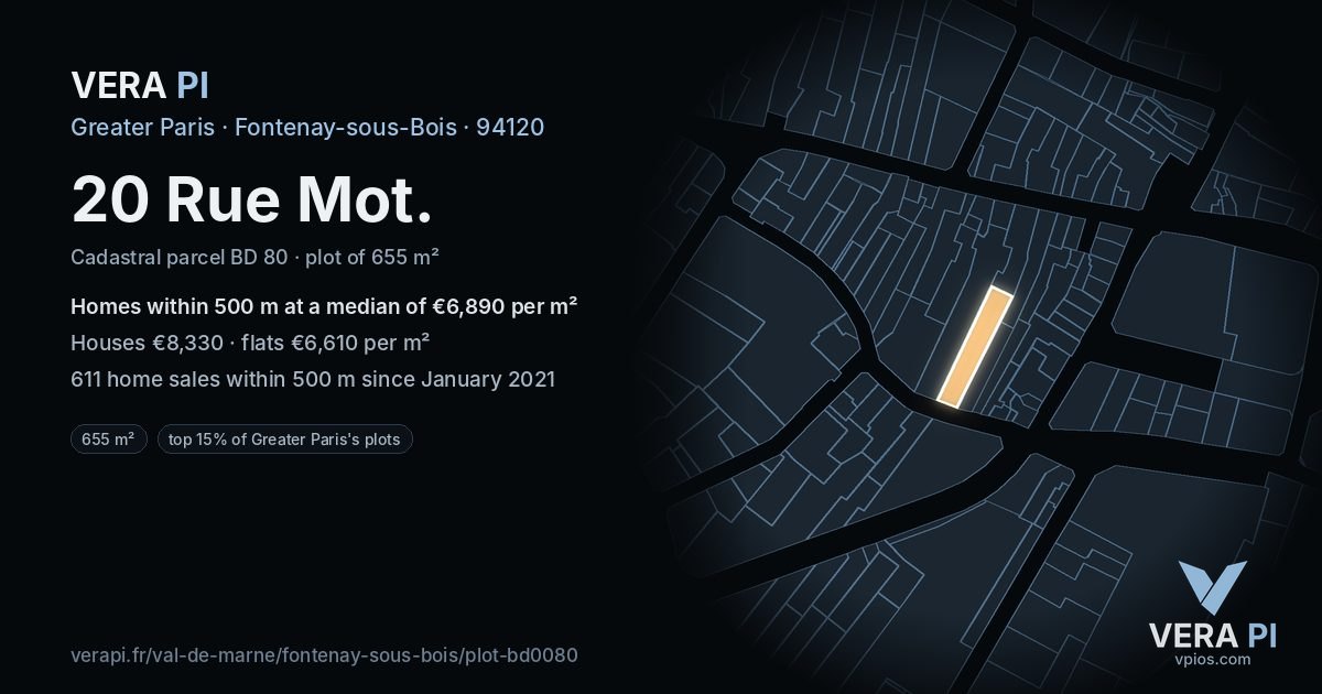 20 Rue Mot, Fontenay-sous-Bois at night – the plot lit, the parcels around coloured by the prices near them