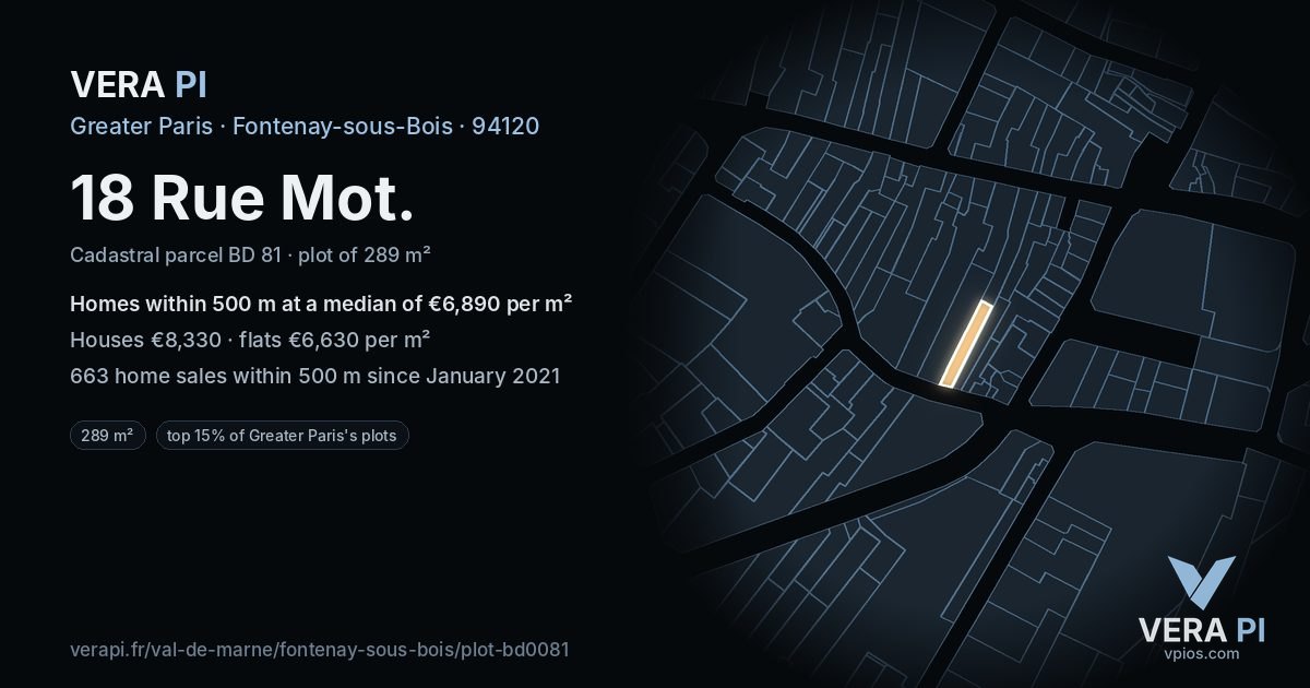 18 Rue Mot, Fontenay-sous-Bois at night – the plot lit, the parcels around coloured by the prices near them