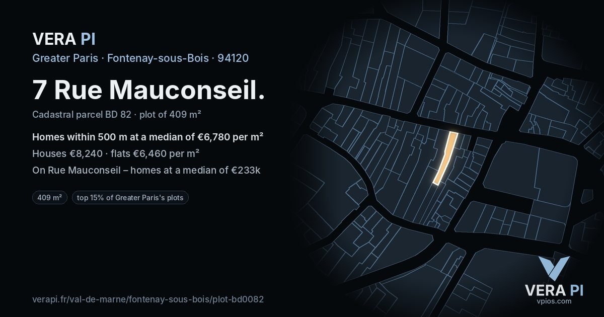 7 Rue Mauconseil, Fontenay-sous-Bois at night – the plot lit, the parcels around coloured by the prices near them
