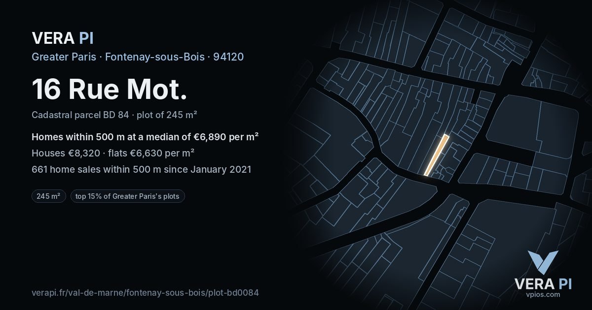 16 Rue Mot, Fontenay-sous-Bois at night – the plot lit, the parcels around coloured by the prices near them