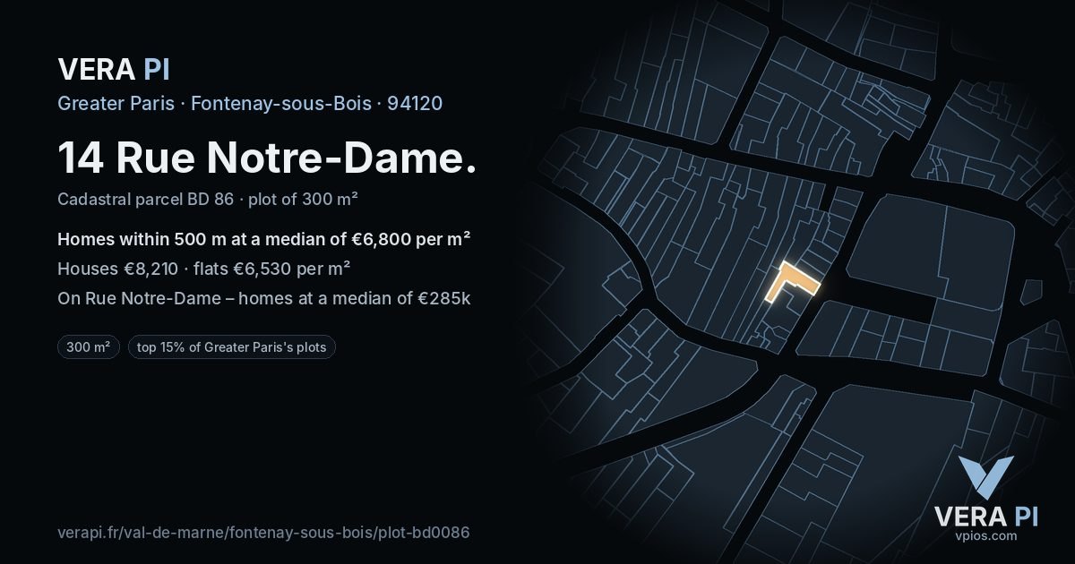 14 Rue Notre-Dame, Fontenay-sous-Bois at night – the plot lit, the parcels around coloured by the prices near them