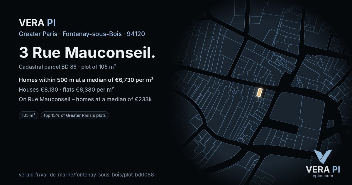 3 Rue Mauconseil, Fontenay-sous-Bois at night – the plot lit, the parcels around coloured by the prices near them