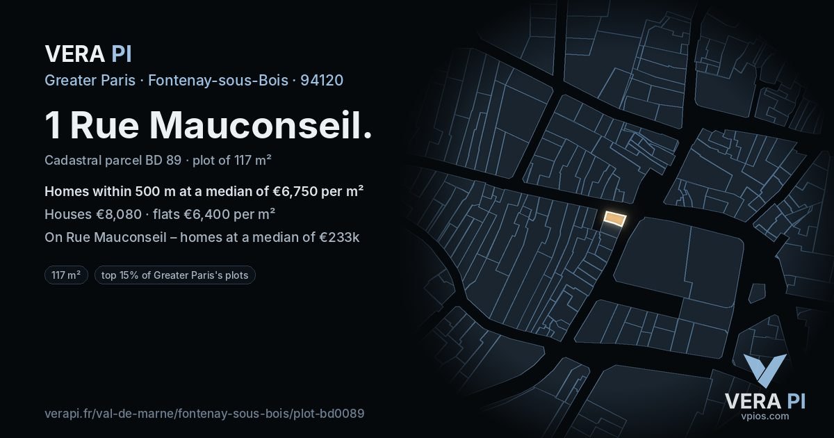 1 Rue Mauconseil, Fontenay-sous-Bois at night – the plot lit, the parcels around coloured by the prices near them