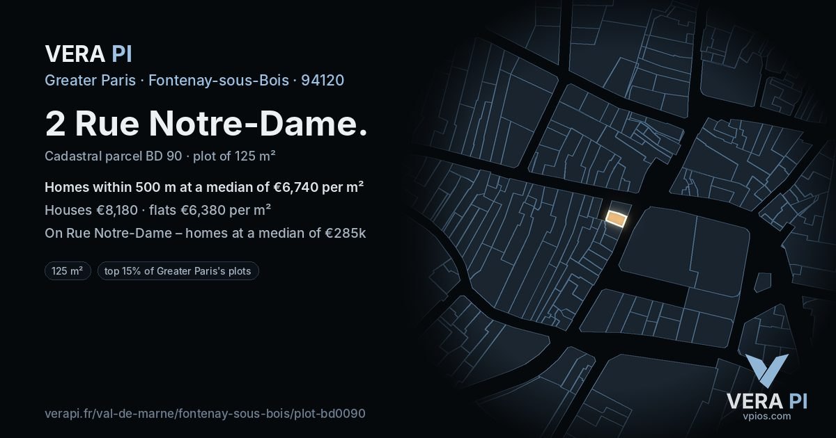 2 Rue Notre-Dame, Fontenay-sous-Bois at night – the plot lit, the parcels around coloured by the prices near them