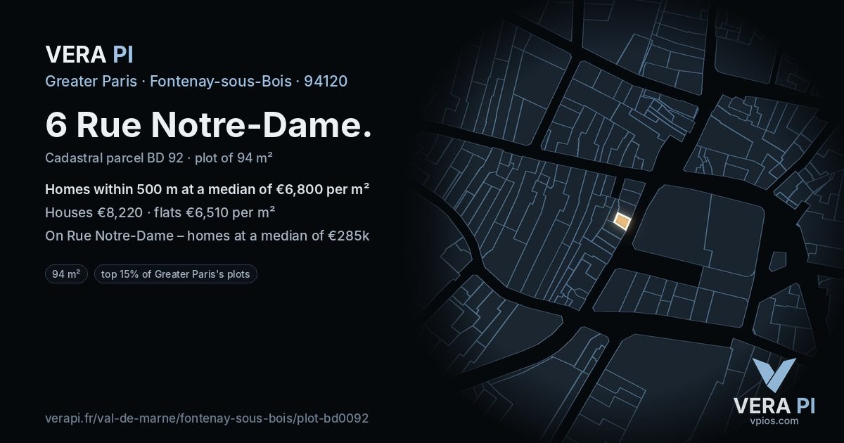6 Rue Notre-Dame, Fontenay-sous-Bois at night – the plot lit, the parcels around coloured by the prices near them