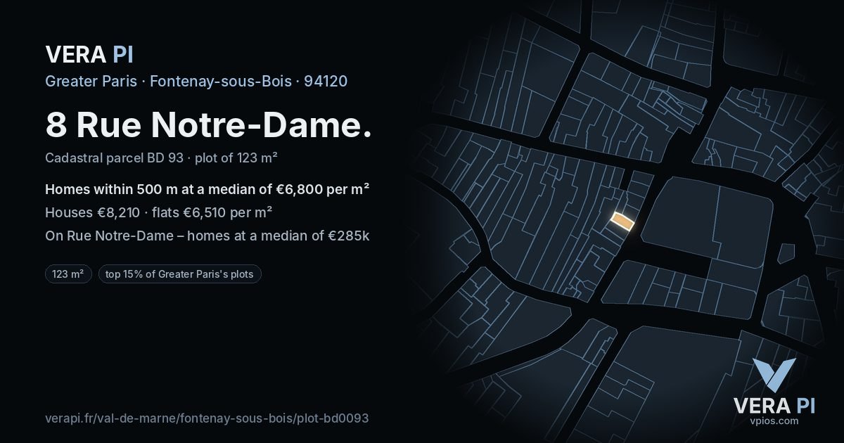 8 Rue Notre-Dame, Fontenay-sous-Bois at night – the plot lit, the parcels around coloured by the prices near them