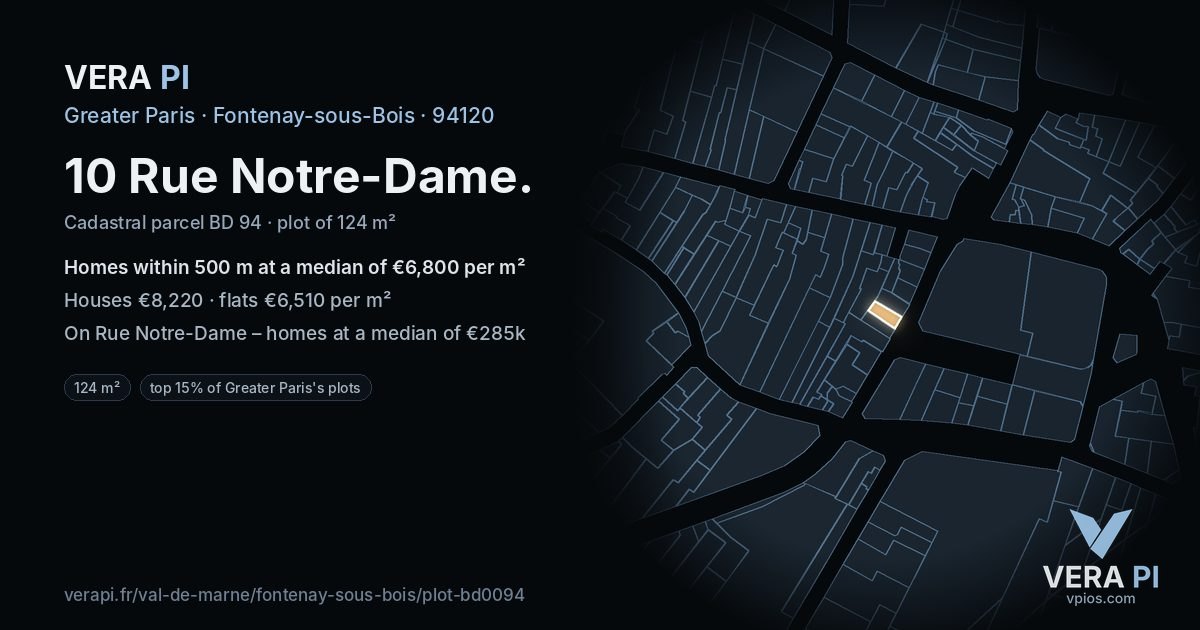 10 Rue Notre-Dame, Fontenay-sous-Bois at night – the plot lit, the parcels around coloured by the prices near them