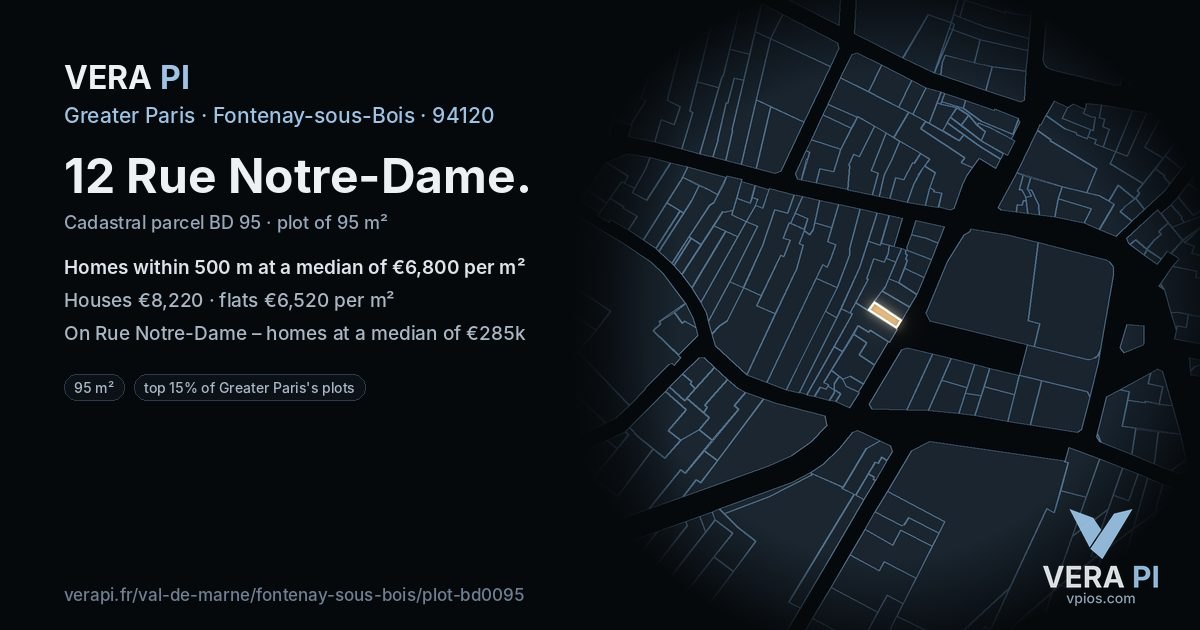 12 Rue Notre-Dame, Fontenay-sous-Bois at night – the plot lit, the parcels around coloured by the prices near them